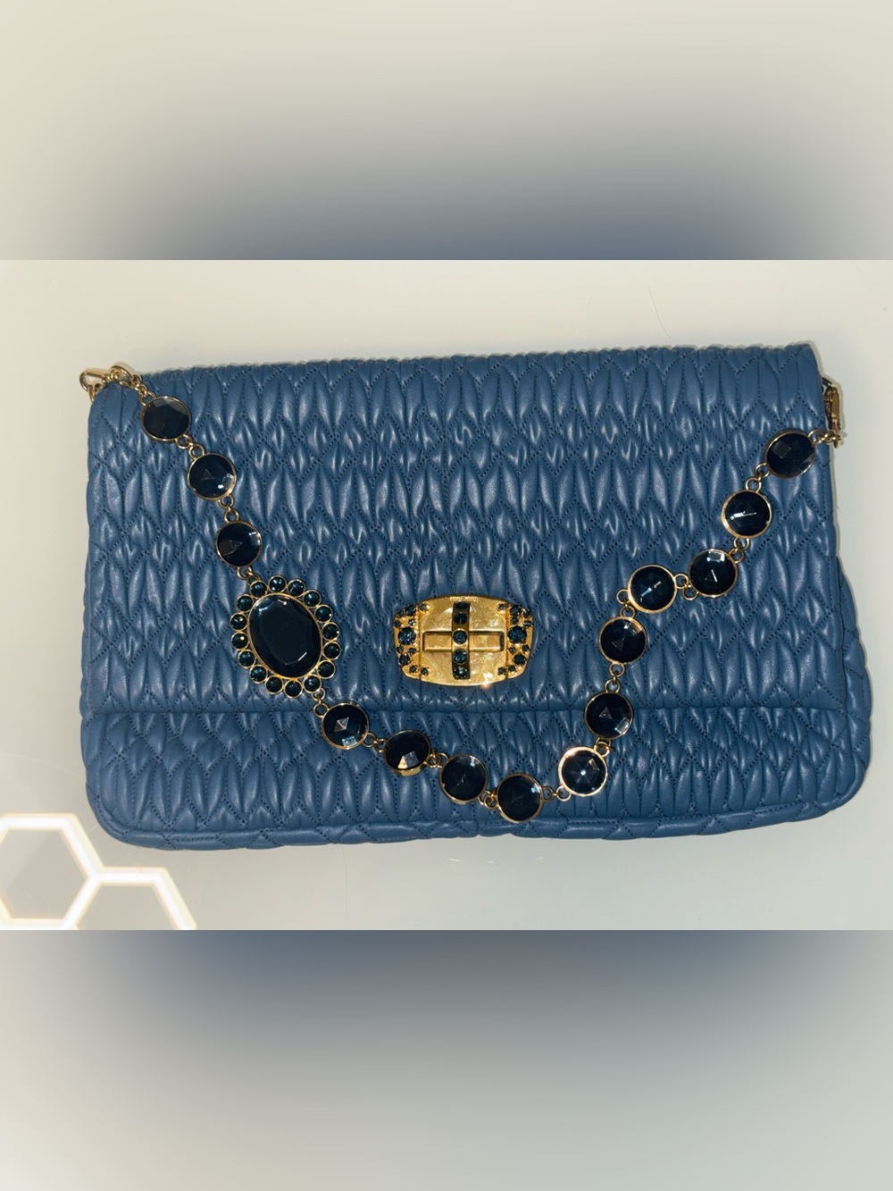 Miu Miu Quilted Blue Shoulder Bag with Gold Turn-Lock & Jeweled Chain